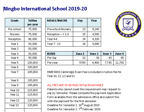 浙江寧波英倫外籍人員子女學校2019-2020學年學費參考